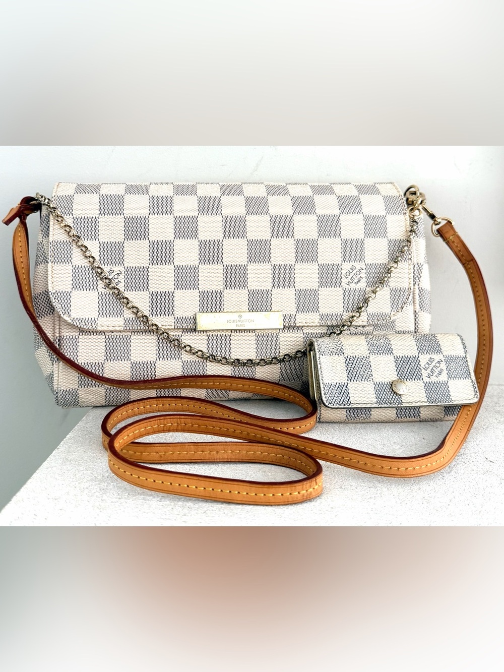 LOUIS VUITTON Favorite MM Damier Azur Bag + 4 Key Holder Bundle/ 2-Pieces